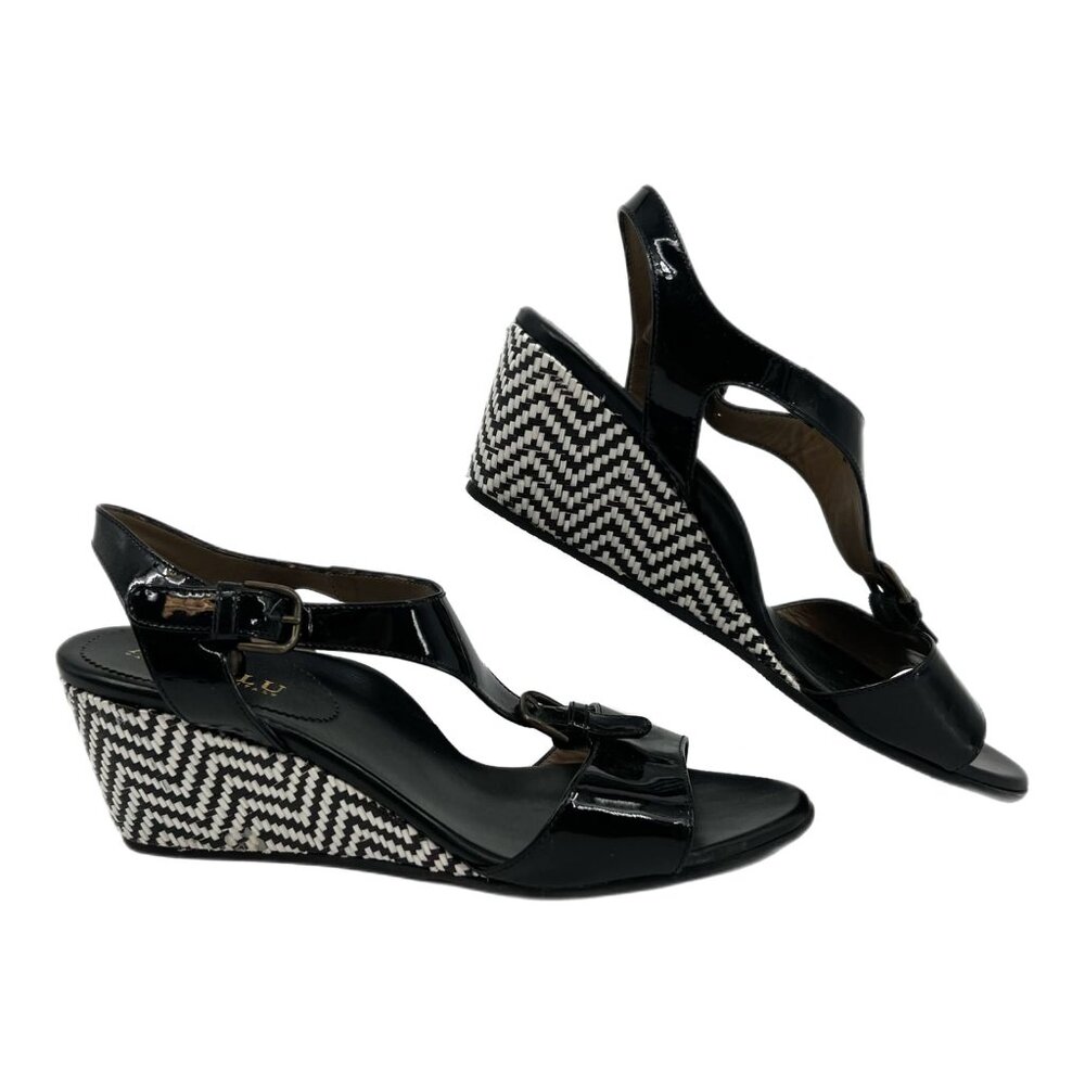 Anyi Lu Black White Buckle Accent Chevron Wedges | EU Size 41